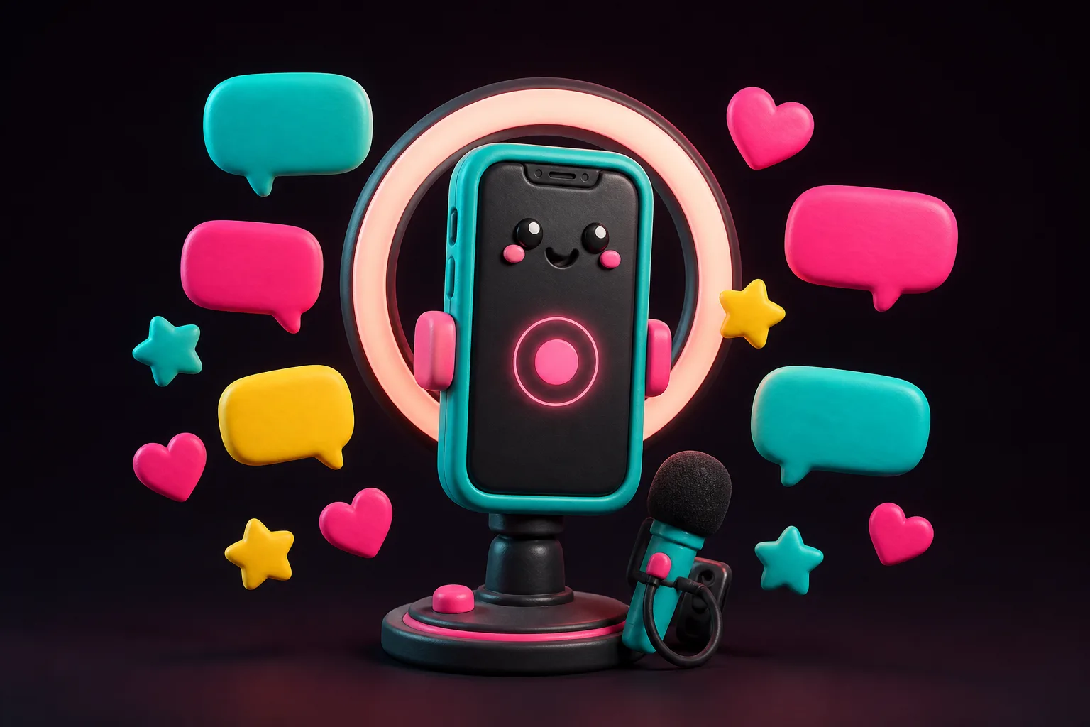 A cute claymation smartphone on a ring light surrounded by floating chat bubbles and hearts