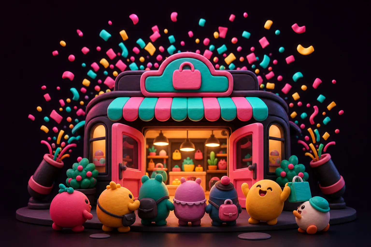 A claymation shop with doors wide open, a happy crowd of round characters, and confetti cannons firing