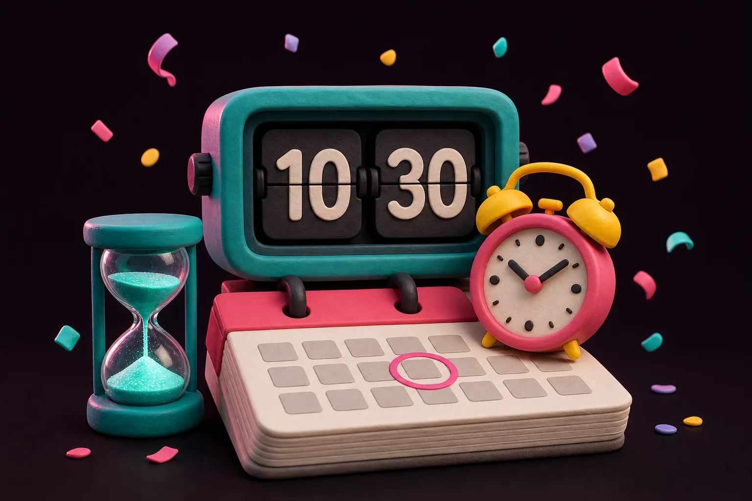 A claymation flip clock, alarm clock, and calendar with a date circled in pink
